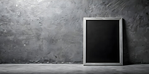 Frame with black empty space against grey textured wall.