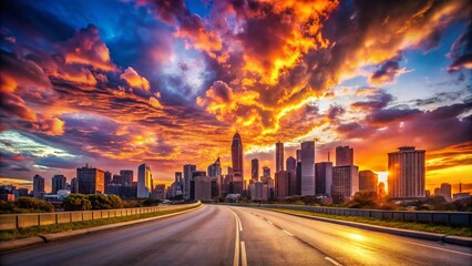 Sunset Over City Skyline with Open Road Perspective - Scenic Urban Landscape Photography