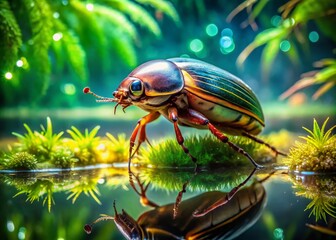 Naklejka premium Captivating Tilt-Shift Photography of a Great Diving Beetle in a Lush Aquatic Environment