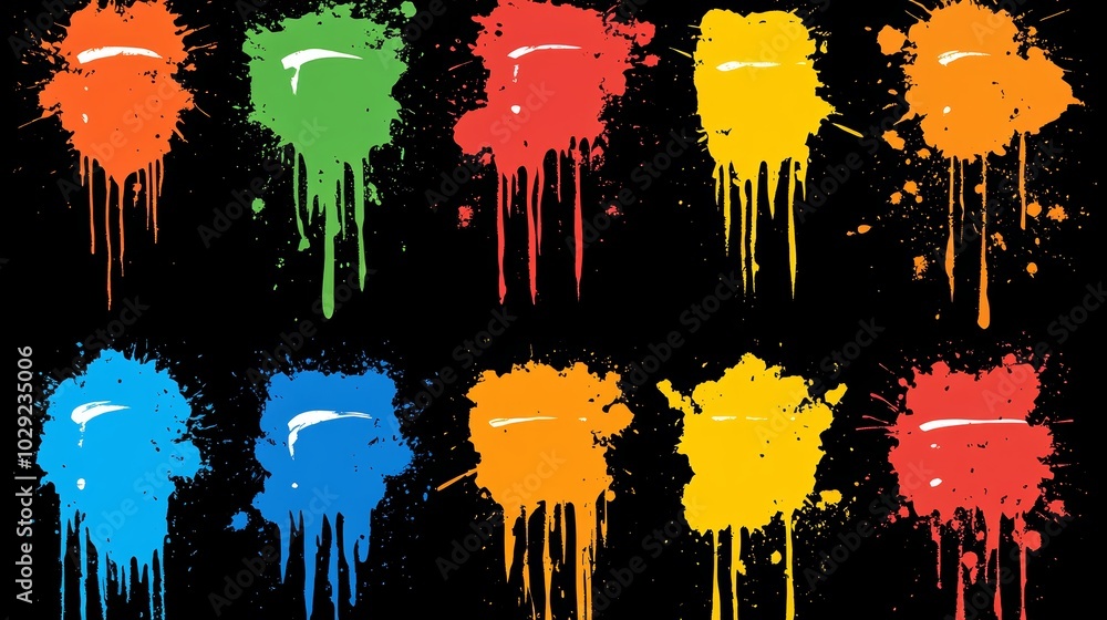 Poster a close-up image showcasing a paint splash with vibrant colors against a stark black background, cre
