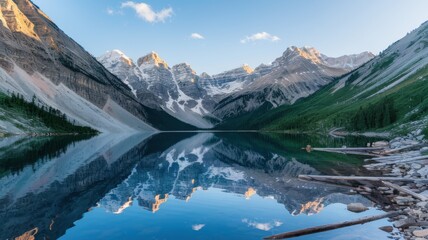 Serene lake reflecting majestic mountains under a clear blue sky.