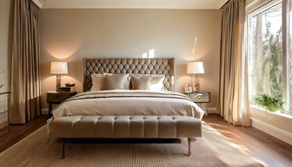contemporary bedroom with a statement headboard, neutral bedding, and decorative pillows
