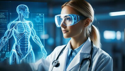 Doctor wearing augmented reality glasses while analyzing a 3D hologram of a patient
