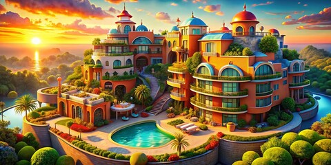 Surreal 3D Hotel Property Illustration for Real Estate Marketing