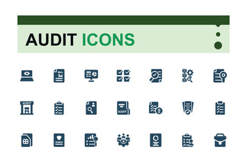 Audit solid icons set. Related to Accounting icons collection. Check and survey symbol pack. Editable and pixel perfect. Vector illustration.