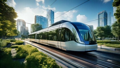 Naklejka premium Modern city tram traveling through a clean, futuristic urban environment