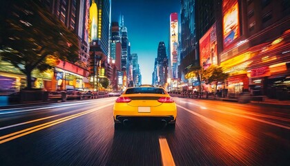 classic yellow taxi cab speeding through a bustling city street at night, with vibrant neon