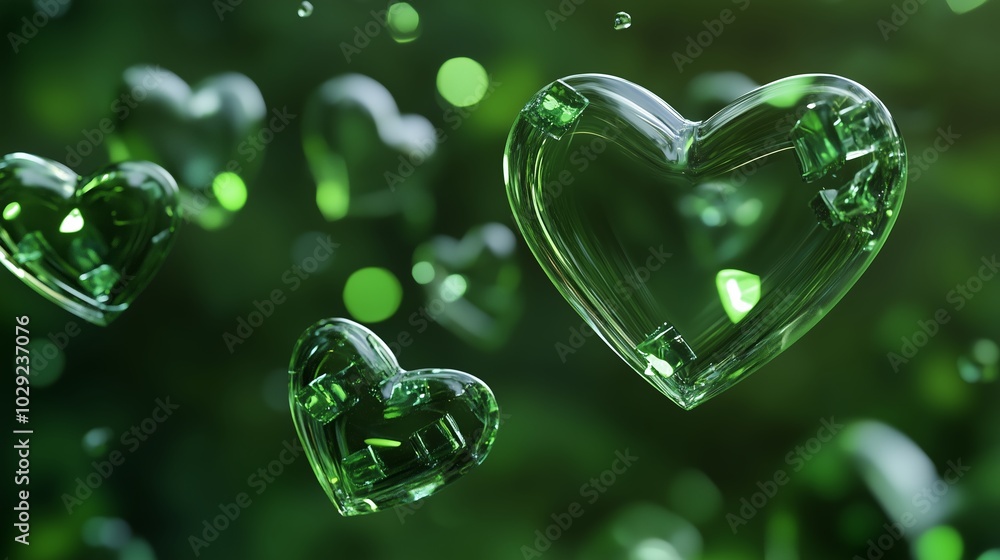 Poster floating green hearts against a soft gradient background create a whimsical atmosphere appealing to 