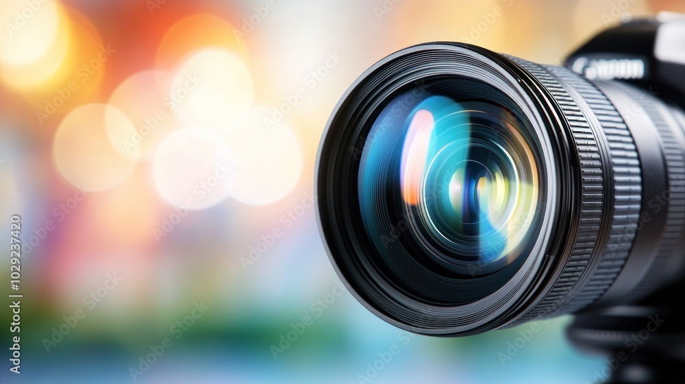 Poster close-up of a camera lens with blurred background