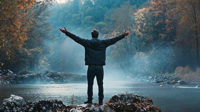 Rear View of Person with Outstretched Arms Embracing Nature by a Misty River in a Tranquil Forest Setting, Capturing Freedom and Serenity in Autumn