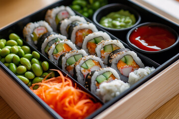 Bento-style lunchbox with sushi rolls, edamame, and dipping sauces, artistically arranged.