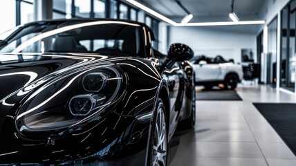 Sleek black sports car in a modern showroom, showcasing its stunning design.