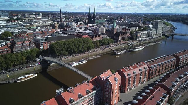 Bremen: Aerial view of city in Germany, historic center with cathedral St. Petri Dom Bremen in summer - landscape panorama of Europe from above
