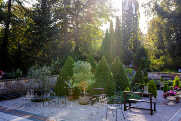 Obraz premium Agave in a pot among trimmed thuja, juniper, and round stones. Chair and bench. Landscape design in the park.
