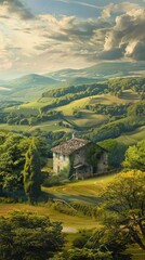 Fototapeta premium Scenic countryside with rolling hills and a farmhouse, 4K hyperrealistic photo