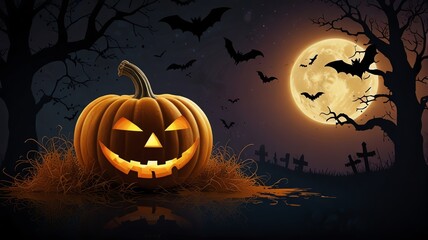 Jack-o'-lantern glowing in a spooky forest.