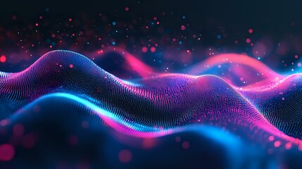 Abstract digital hologram with dynamic waves of glowing particles in neon colors, creating a futuristic tech-inspired wallpaper