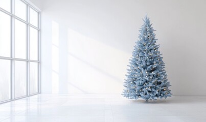 A large blue Christmas tree stands in a white room with a window