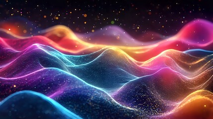 Abstract gradient waves of particles forming holographic shapes, glowing with bright neon colors and digital energy across a futuristic background