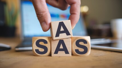 A hand is holding up a stack of wooden blocks with the letters A, S, and S