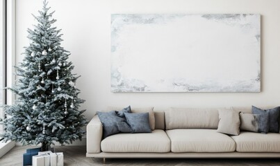 A white wall with a large blank space and a Christmas tree in the background