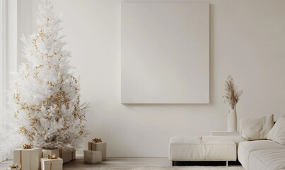 A white Christmas tree sits in front of a white wall with a large blank wall