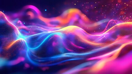 Obraz premium Abstract holographic waves of particles in bright neon colors, flowing across a tech-inspired gradient background with dynamic digital energy