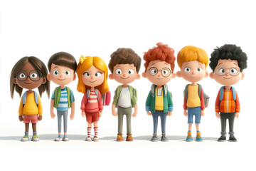 Little cartoon school pupils with backpacks on white background