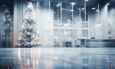 Lobby of a luxury hotel or corporate hall with a Christmas tree. Capture the festive and welcoming holiday atmosphere. Blurred dreamy Christmas atmosphere.