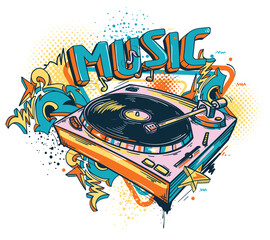 Drawn musical turntable  and funky graffiti arrows, colorful music design