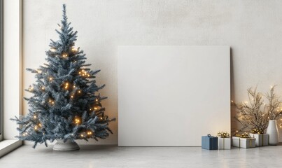 A Christmas tree is lit up and sits in front of a white wall