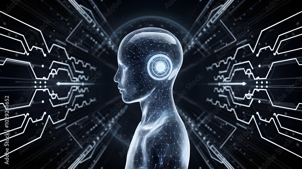 Poster the future of intelligence: a digital rendering of a human head, composed of intricate circuits and 