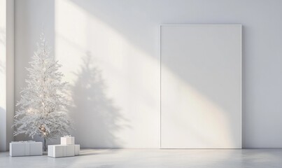 A white room with a white wall and a white Christmas tree in the corner