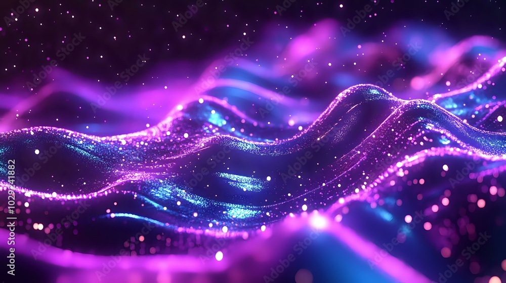 Poster dynamic particle waves glowing with holographic effects, blending into a gradient background of neon