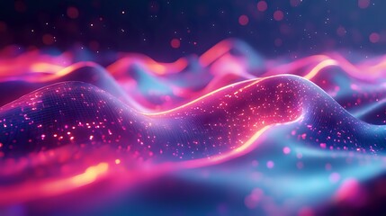 Futuristic particle waves forming holograms, blending into smooth pastel gradients of neon lights with a sci-fi tech feel, glowing digital energy