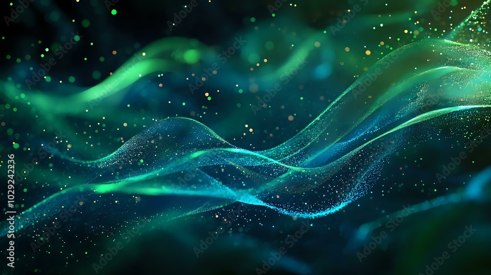 Poster futuristic particle waves glowing with holographic colors, flowing in sync with a gradient digital b