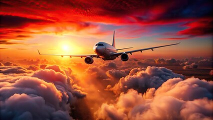 Forced perspective airplane flying over clouds at sunset with red sky