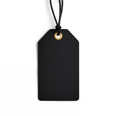 A blank black tag with a string, suitable for labeling or branding purposes.