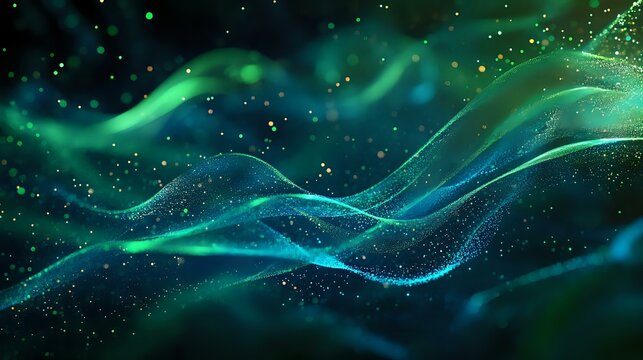 Futuristic particle waves glowing with holographic colors, flowing in sync with a gradient digital background of neon greens and blues