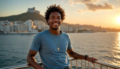 Casual Man on Cruise Ship with Cityscape