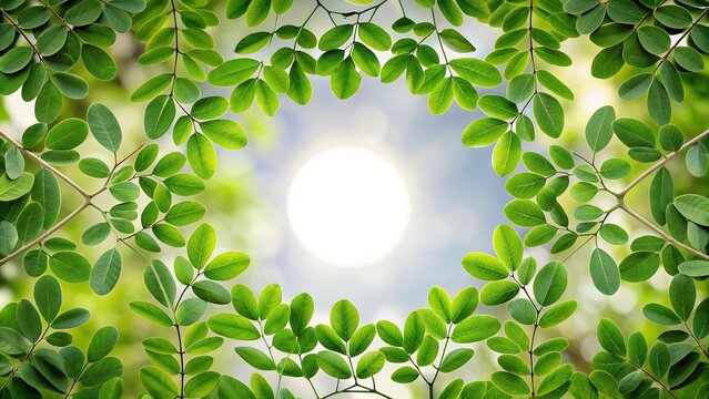 Forced perspective background of moringa oleifera leaves in round shapes