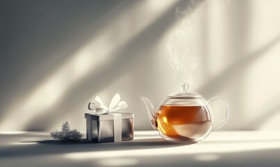 A tea kettle sits on a table next to a silver box