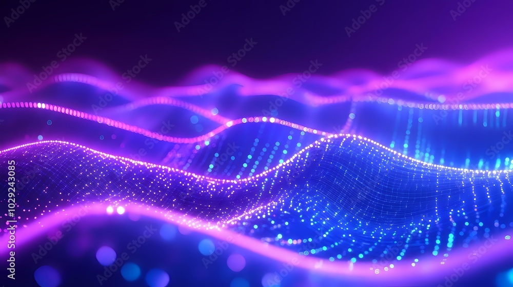 Poster glowing waves of particles moving in sync with digital lines, forming a holographic effect in a grad