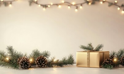 A gold box with a ribbon sits on a table next to pine cones and lights