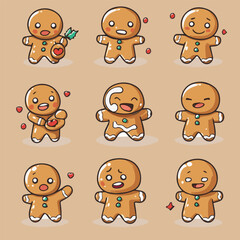 Vector sticker set of funny gingerbread man cookie in christmas