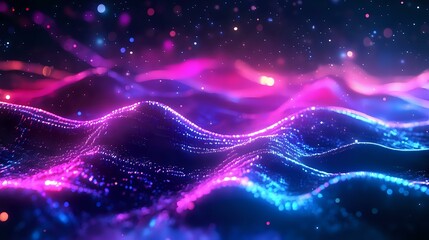 Obraz premium Holographic gradient wave of particles with neon lights and futuristic lines, digital tech background in a cosmic space setting, glowing in vibrant colors
