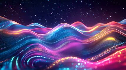 Obraz premium Holographic gradient wave of particles with neon lights and futuristic lines, digital tech background in a cosmic space setting, glowing in vibrant colors