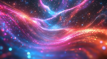 Holographic gradient wave of particles with neon lights and futuristic lines, digital tech background in a cosmic space setting, glowing in vibrant colors