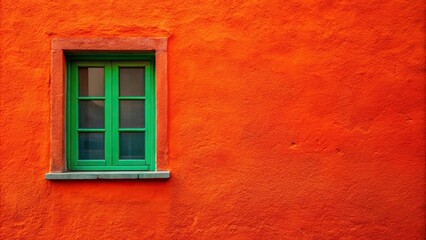 Fototapeta premium Forced perspective bright background with green window on orange red wall