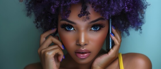Obraz premium Woman talks on cell phone happily.
